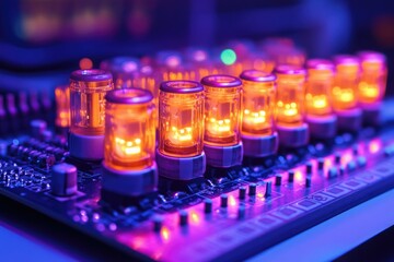 Aufkleber - Glowing vacuum tubes arranged on a circuit board, illuminating the electronic components with vibrant colors.