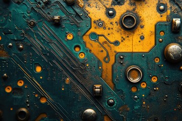 Poster - Close-up of a weathered circuit board with teal and gold tones, showcasing intricate circuitry and aged components.