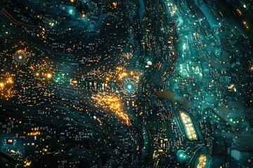 Poster - A mesmerizing aerial view of a circuit board, glowing with intricate pathways and components, resembling a futuristic city.