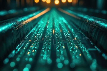Poster - Abstract close-up of a teal circuit board, glowing with light, resembling a futuristic technological landscape.