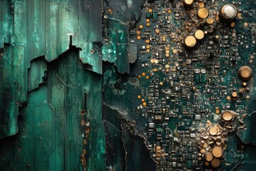 Poster - A weathered, decaying circuit board, showing signs of age and corrosion, with a dark teal and green patina.