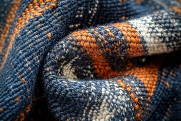 Aufkleber - Close-up of a textured woven fabric in navy, orange, and off-white hues.