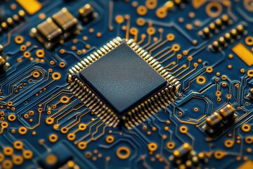 Poster - Close-up of a microchip on a circuit board, showcasing intricate electronic components and pathways.