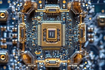 Leinwandbilder - Close-up of a complex microchip circuit board showcasing intricate gold and blue circuitry.