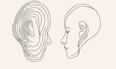 Poster - Minimalist Continuous Line Art of Human Ear and Face in Vector Style Illustration