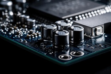 Poster - Close-up of a circuit board showcasing electronic components, highlighting intricate details and technological precision.
