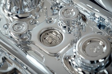 Poster - A close-up view of a highly polished chrome engine block with intricate details, showcasing a central emblem.