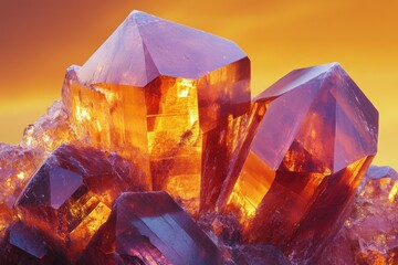Leinwandbilder - Luminous orange and red crystals cluster, glowing intensely against a sunset backdrop.