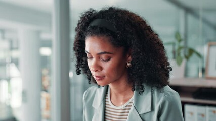 Poster - Business, computer and woman in office, planning and problem solving with research for article. Person, writer and journalist in workplace, pc and decision with editing, news report and proofreading