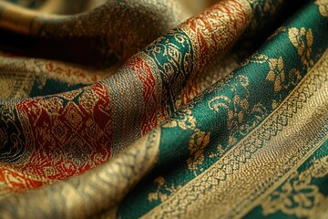 Aufkleber - Luxurious green and gold patterned fabric with intricate details, showcasing rich texture and elegant design.