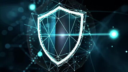 Poster - A digital representation of a global network security shield highlighting protection against cyber threats in a futuristic black background