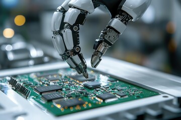 Aufkleber - A robotic arm precisely places a component onto a circuit board, showcasing advanced automation in manufacturing.