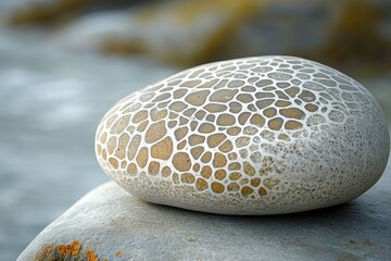 Fototapete - A uniquely patterned stone rests on a larger rock, near a blurred stream.
