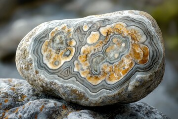 Aufkleber - Intricate banded agate stone with swirling patterns of grey, white and yellow-orange hues.