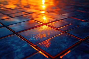 Poster - Sunset reflected on a grid of dark blue tiles, creating a vibrant and futuristic scene.