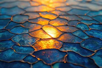 Poster - Abstract image of vibrant teal and gold mosaic glass illuminated from below, creating a stunning textural effect.