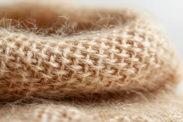 Poster - Close-up of beige fluffy knitted fabric, showcasing soft texture and intricate stitch pattern.