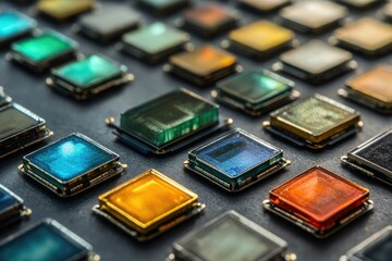Poster - A close-up shot of various colorful microchips arranged in a grid pattern, showcasing their intricate details and vibrant hues.