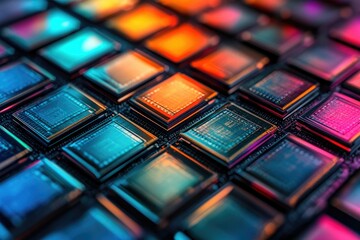 Poster - Close-up of colorful microchips arranged in a grid pattern, showcasing intricate details and vibrant hues.