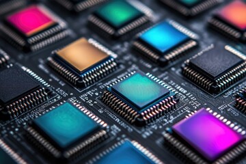 Poster - Close-up of a circuit board densely populated with colorful microchips, showcasing intricate electronic components.