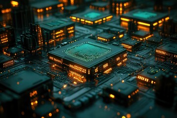 Poster - Close-up of a complex circuit board with glowing processors, illustrating advanced technology.
