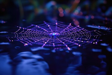 Aufkleber - A dew-kissed spiderweb glows with ethereal purple light, reflecting on dark water.