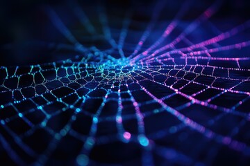 Fototapete - A spiderweb glistening with dew, illuminated by vibrant neon-like purple and blue light.