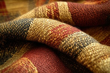 Aufkleber - Close-up of a textured woven fabric with a rich palette of brown, red, and black hues creating a plaid pattern.