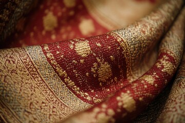 Aufkleber - Close-up of luxurious red and gold fabric with intricate woven patterns, showcasing rich texture and detail.