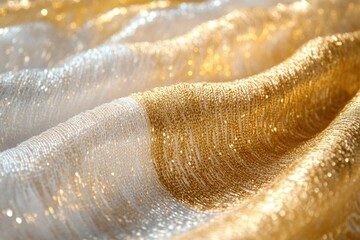 Aufkleber - Close-up of luxurious, shimmering fabric in gold and white, showcasing its texture and elegance.