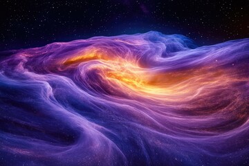Fototapete - Abstract cosmic landscape with swirling nebulae in vibrant purple, orange, and gold hues against a starry backdrop.