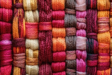 Aufkleber - Close-up view of a vibrant, intricately woven textile with a mix of red, orange, and brown yarns.