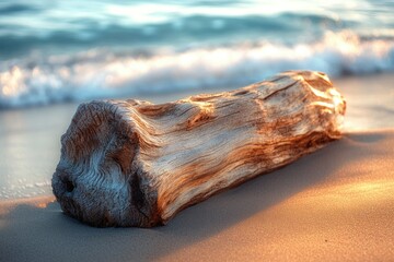 Aufkleber - Sunlit driftwood rests on a sandy beach, waves gently lapping nearby.