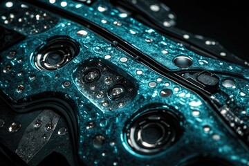 Fototapete - Close-up of a teal, metallic, textured surface with circular components, possibly a futuristic or technological device.