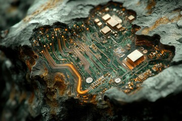 Aufkleber - A circuit board embedded in a weathered, rocky surface, glowing with an otherworldly luminescence.