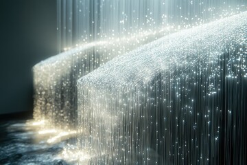 Leinwandbilder - Illuminated fiber optic strands cascade down, resembling a glistening waterfall of light.