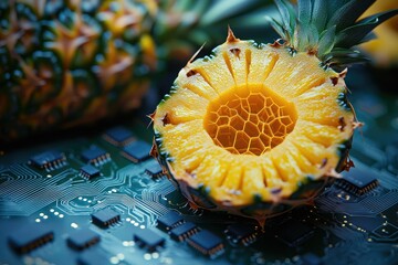 Poster - A juicy pineapple slice rests on a circuit board, symbolizing the intersection of nature and technology.