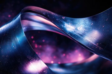 Poster - Abstract swirling metallic ribbon with vibrant neon pink and blue hues against a dark background.