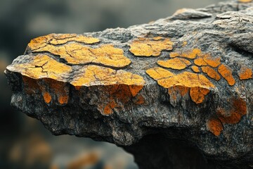 Fototapete - A rugged, gray rock formation is speckled with vibrant orange lichen, creating a striking contrast of textures and colors.