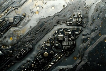 Poster - Close-up of a damaged circuit board, showcasing intricate circuitry and electronic components.
