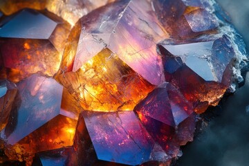 Poster - A mesmerizing close-up of vibrant, multifaceted crystals showcasing rich orange and purple hues.