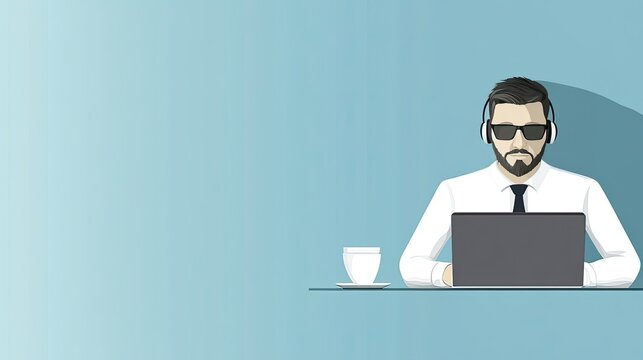 Stylish businessman working on laptop in modern office setting.