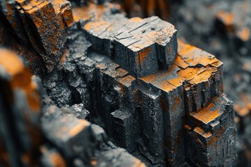 Leinwandbilder - Close-up of a dark, textured surface with orange accents, resembling a rough, crystalline structure.