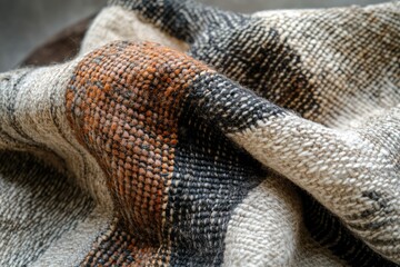 Aufkleber - Close-up of a textured woolen throw blanket in beige, brown, and black, showcasing its intricate weave and soft texture.