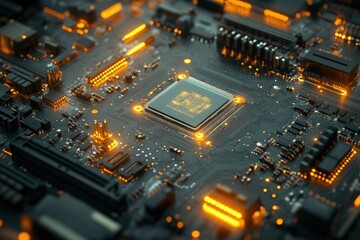 Poster - Close-up view of a computer motherboard with a central processing unit (CPU) illuminated in orange.