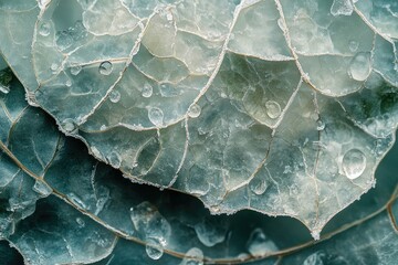 Poster - Close-up of frost-covered leaves with water droplets, showcasing intricate texture and delicate details.