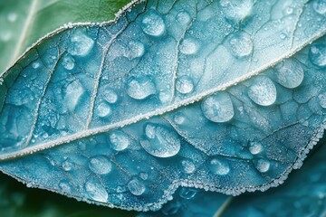 Poster - Close-up of a frosty leaf glistening with morning dew, showcasing intricate details and vibrant teal hues.