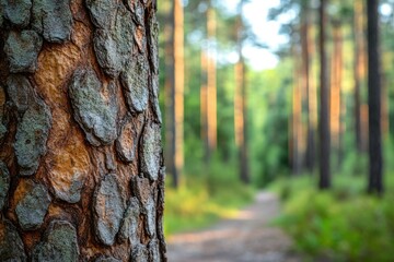 Poster - Close-up of textured pine tree bark with a blurred forest path in the background.