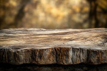 Poster - A rustic wooden tree stump surface against a blurred autumnal forest backdrop.