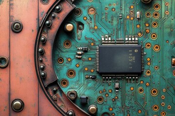 Poster - Close-up of a weathered circuit board with a central processor, showcasing intricate details and steampunk aesthetics.